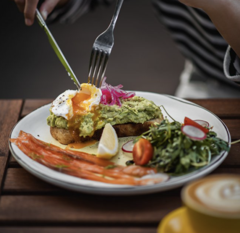 toast with avocado and poached egg brunch menu