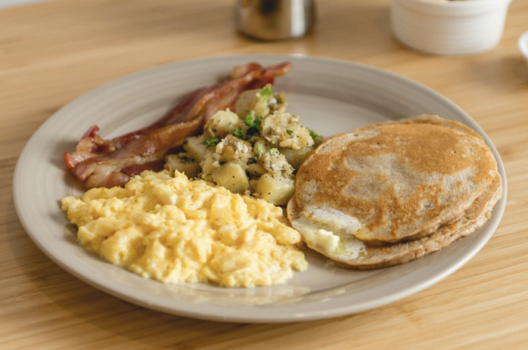 scrambled egg with pancake and bacon